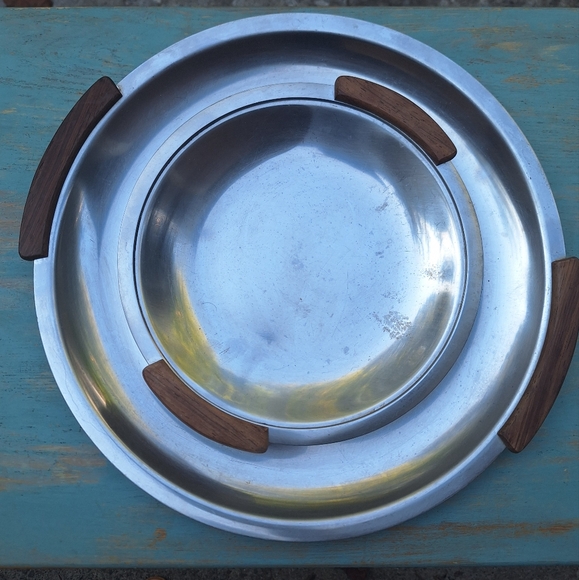Vintage Stainless Steel Tray Teak Wood Handles MCM Metal Platter Modern Display - Picture 5 of 15